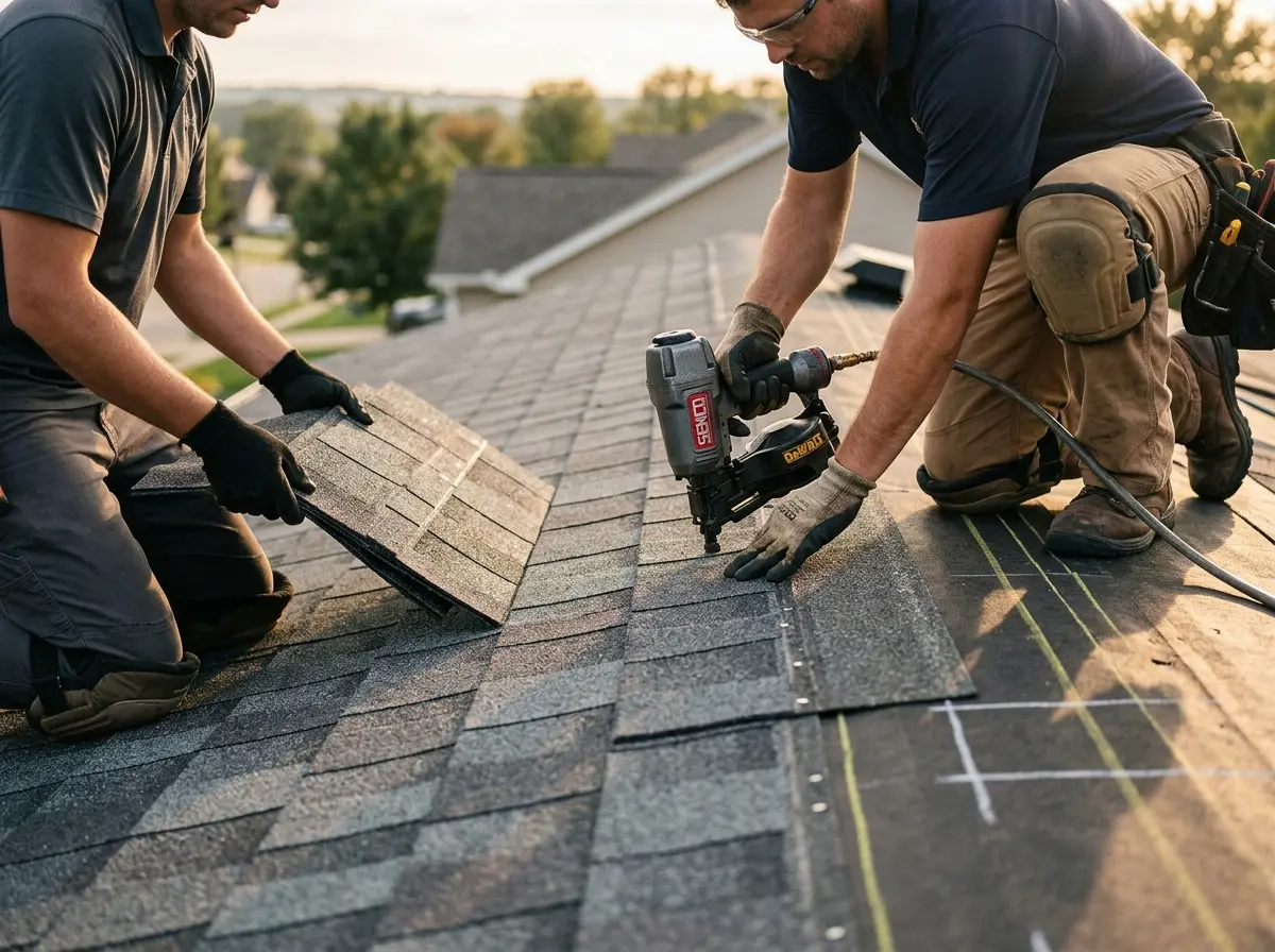 Professional roofer working on a residential roof in Eastmont